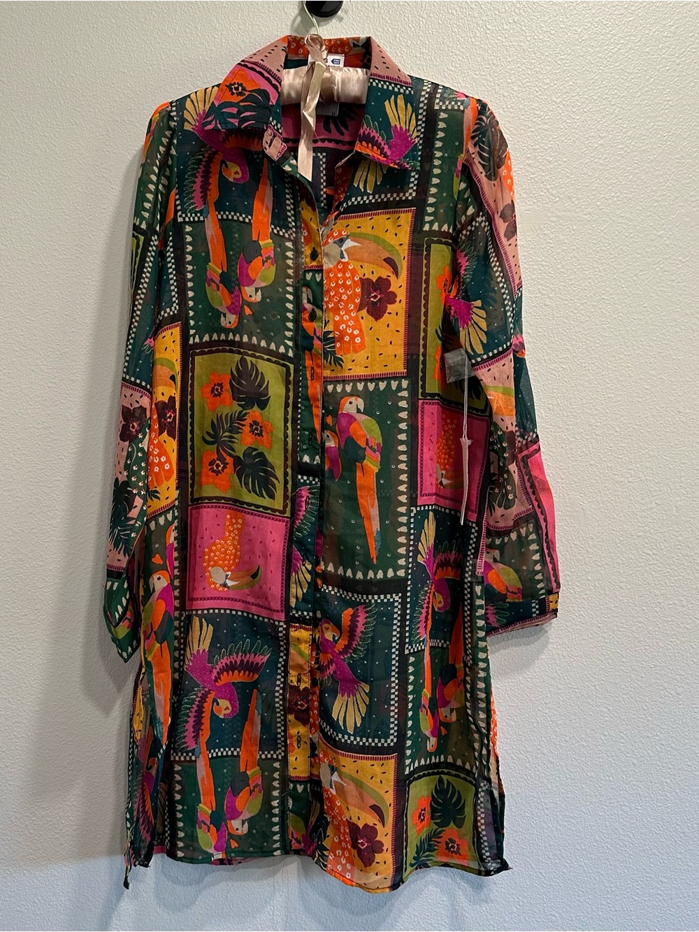 NWT Tropical Parrot Print Longline Shirt/tunic/dress,sheer,colorful,boho,artsy